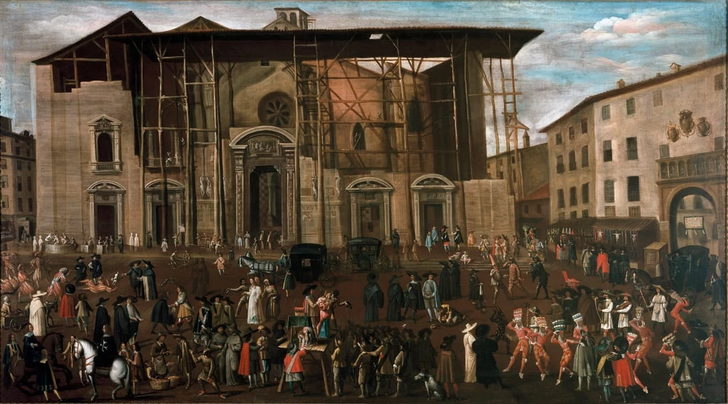 Veduta di piazza Mercanti con scene di carnevale - Palazzo Morando. Milano